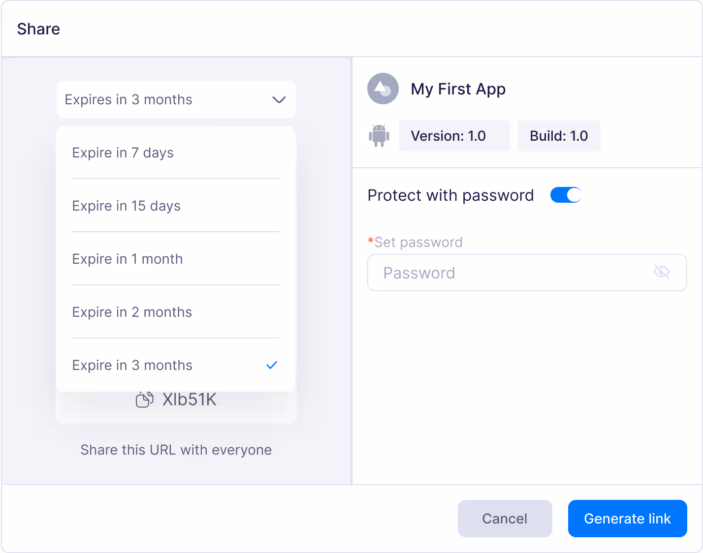 Setting expiry and password for build links
